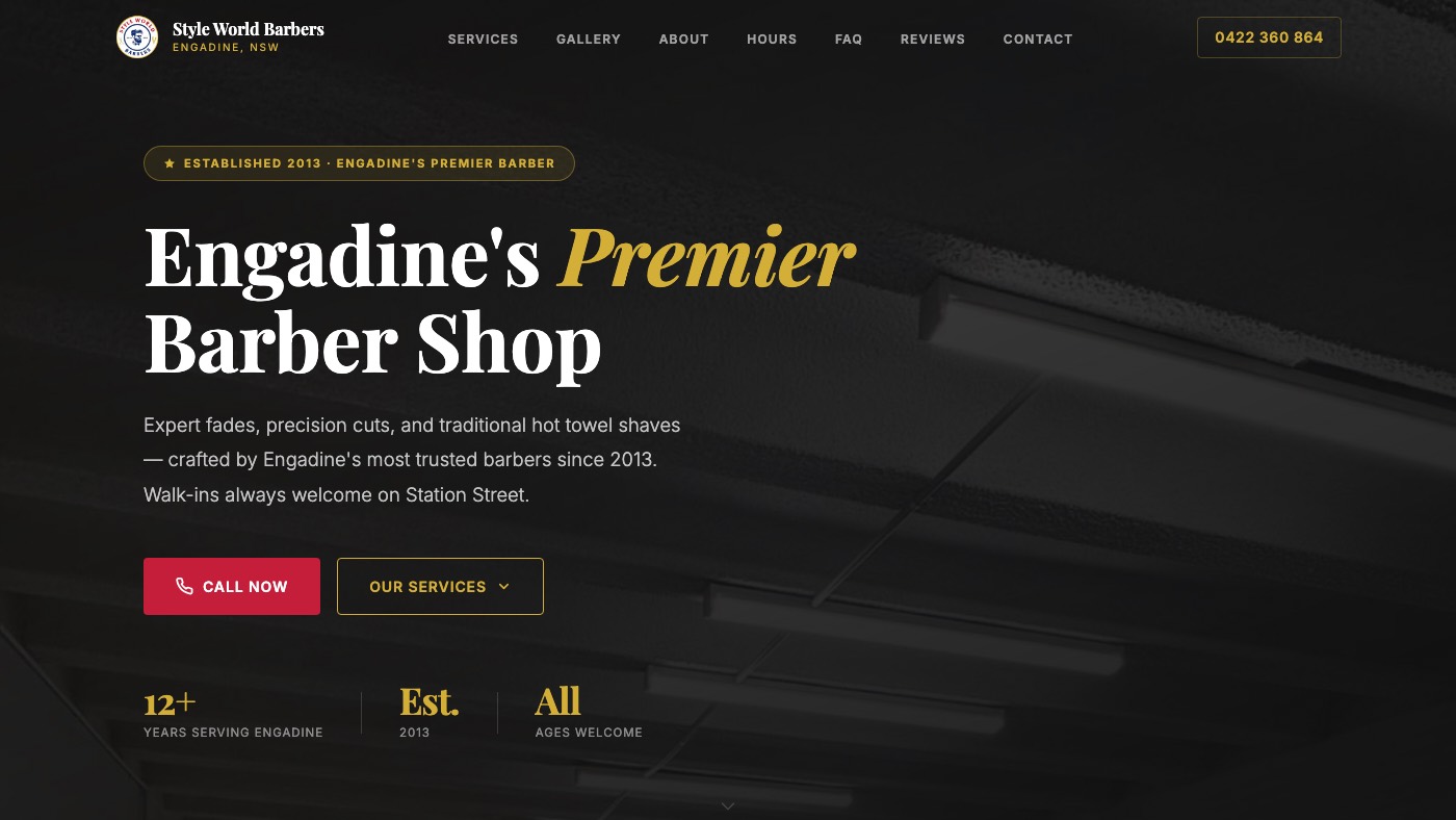 Style World Barbers website homepage, a barber shop in Engadine in the Sutherland Shire NSW